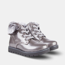 Carregar imagem no visualizador da galeria, Botas de couro envernizado feminino prata metálico