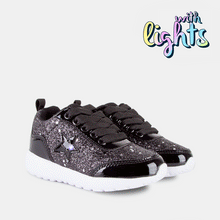 Load image into Gallery viewer, Girl's Black Glitter Sneakers Star with Lights