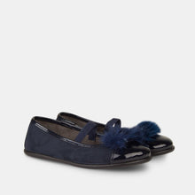 Load image into Gallery viewer, Girl's Navy Jewel Faux Fur Ballet Pumps