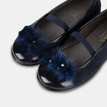 Load image into Gallery viewer, Girl's Navy Jewel Faux Fur Ballet Pumps