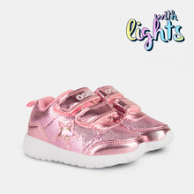 Cargar imagen en el visor de la galería, Zapatos deportivos rosas metalizados con luces para bebés