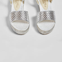Load image into Gallery viewer, Girl's Metallic Silver Wedge Braided Sandals