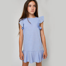 Load image into Gallery viewer, Girls Blue Ruffle Plumeti Dress