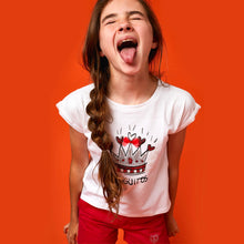 Cargar imagen en el visor de la galería, Camiseta blanca con purpurina "Crown" para niñas que brilla en la oscuridad